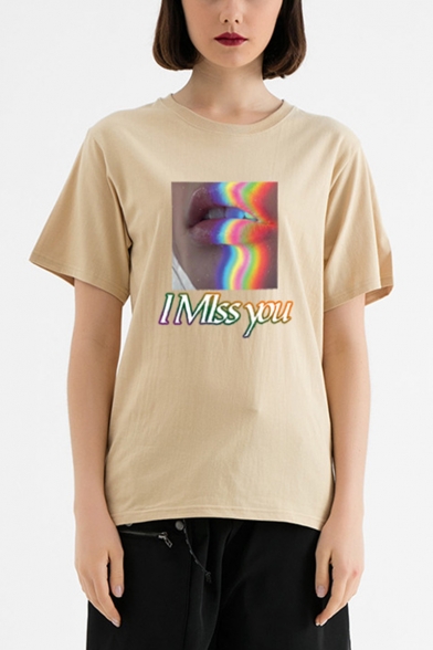 Summer New Stylish Letter I MISS YOU Lip Printed Cotton Loose T-Shirt