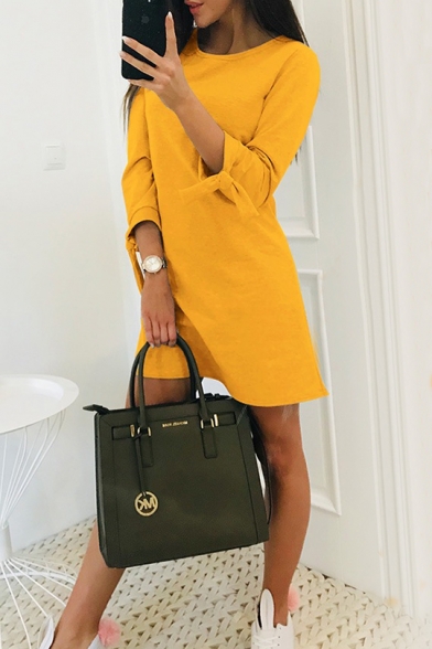Summer Round Neck Tied Cuff Long Sleeve Solid Casual Mini A-Line Dress