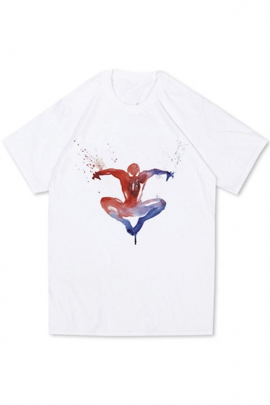 Watercolor Comic Figure Printed Short Sleeve White Basic T-Shirt