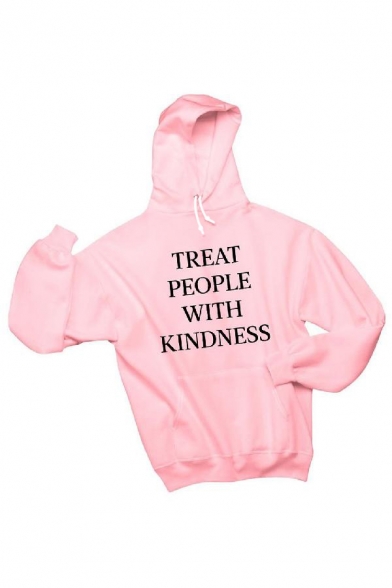 TREAT PEOPLE WITH KINDNESS Letter Printed Long Sleeve White Drawstring Pink Hoodie