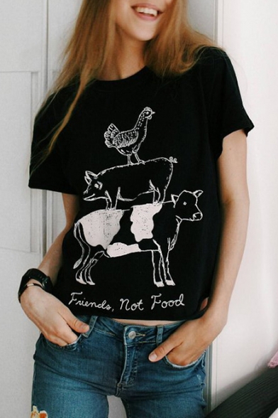 Trendy Chicken Pig Cattle Letter FRIENDS NOT FOOD Print Unisex Crewneck Short Sleeve Cotton T-Shirt