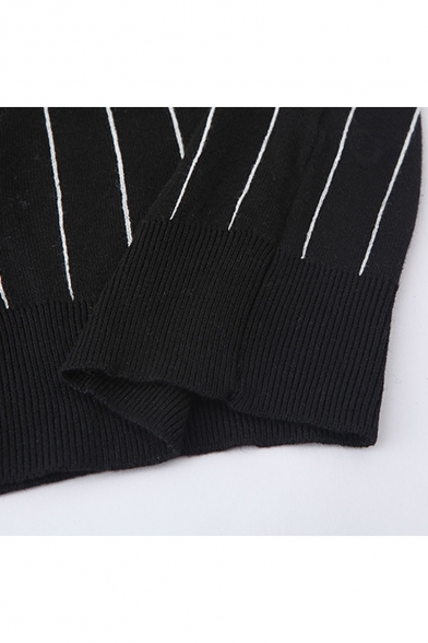 Trendy Vertical Stripe Printed V-Neck Long Sleeve Mens Button Down Black Loose Fit Cardigan