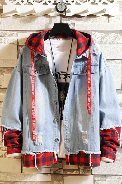 Unique Designer Plaid Patchwork Letter Drawstring Hooded Ripped Button-Down Fake Two-Piece Denim Coat Jacket