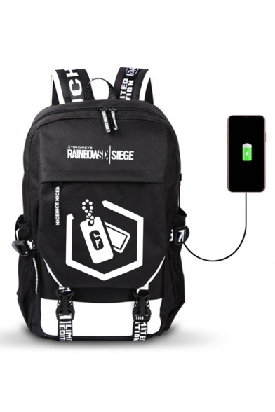 45*31*18cm Popular Letter Logo Print Buckle Patched Creative USB Charging Black Backpack