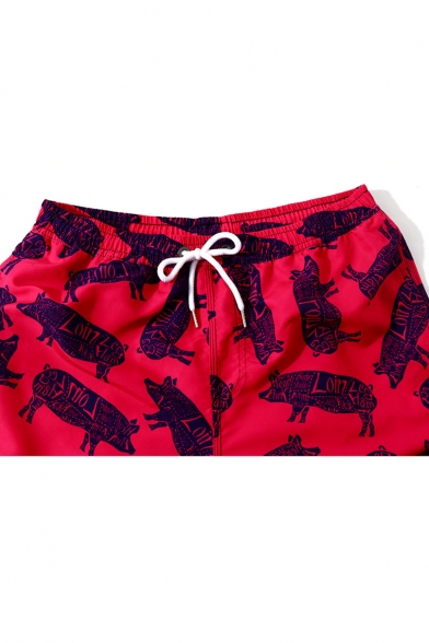 Allover Letter Pig Pattern Drawstring Waist Pink Swim Trunks with Mesh Brief Lining and Pockets