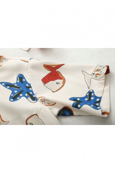 Allover Starfish Fish Pattern Short Sleeve Button Down Apricot Chiffon Shirt