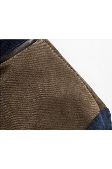 Cool Diamond Lattice Long Sleeve Stand Collar Colorblock Press-Stud Closure Corduroy Jacket for Men