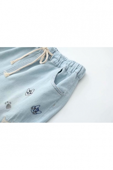 Fashion Cat Fishbone Embroidery Drawstring Waist Women Denim Jeans Shorts
