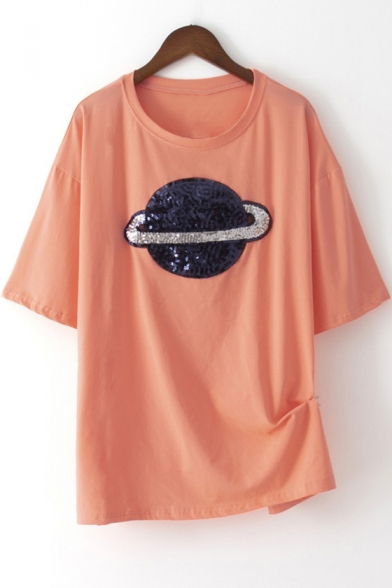 Fashion Sequined Planet Embroidered Round Neck Short Sleeve Loose Relaxed T-Shirt