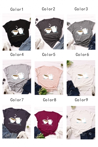 Fashionable Coffee Heart Letter Printed Cotton Short Sleeve Round Neck Casual T-Shirt