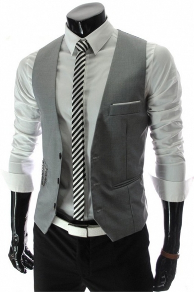 Fashionable Solid Chain Embellished Buckle Back Button Down Slim Fit Mens Suit Vest