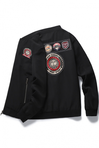 Guys Cool Badge Applique Stand Up Collar Zip Up Fitted Military Jacket