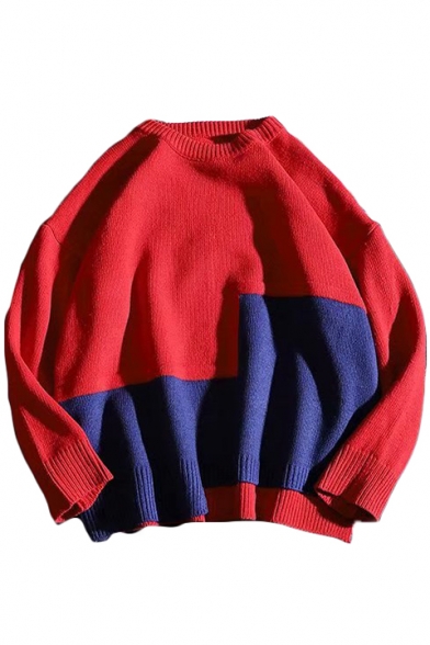 Guys Cool Unique Patchwork Hem Round Neck Long Sleeve Loose Fitted Knit Sweater