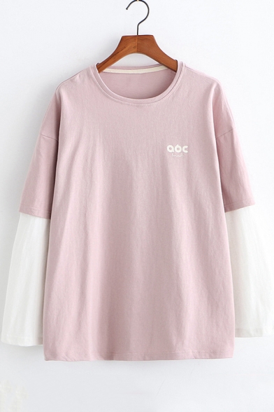 Hot Fashion Letter Pattern Colorblocked Round Neck Long Sleeve Leisure T-Shirt