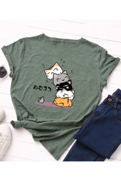 Cartoon Cat Print Short Sleeve Round Neck Cotton T-Shirt for Girls