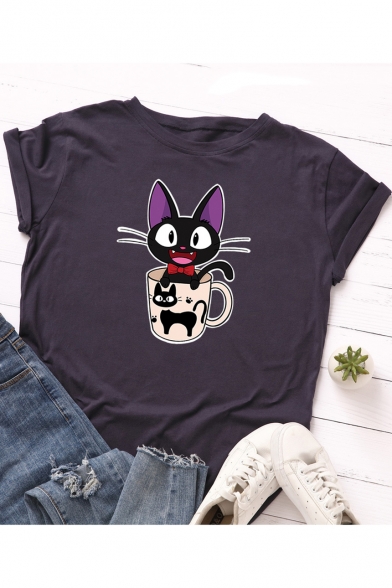Lovely Cat Cup Pattern Round Neck Short Sleeve Basic Casual Cotton T-Shirt