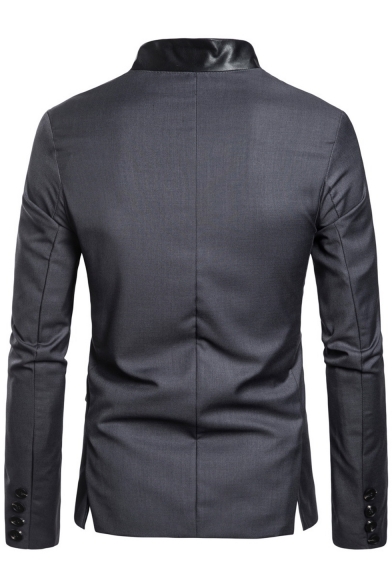 Men's Asymmetrical Button Front PU Patched Long Sleeve Stand Collar Suit Blazer Jacket