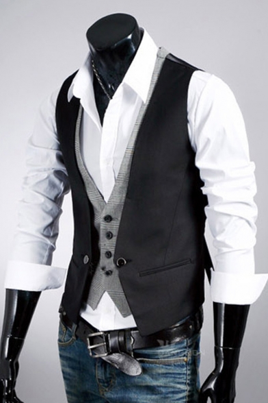 Men's Classic Plaid Printed Inside Button Down Slim Fit Cotton Black Fake Two-Piece Suit Vest