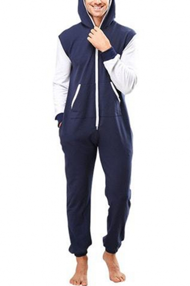 Men's New Stylish Colorblock Long Sleeve Hooded Zip Up Sport Casual Homewear Jumpsuits