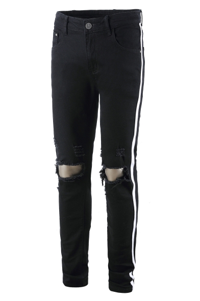 Men's New Stylish Cool Tape Side Knee Cut Ripped Skinny Jeans in Black
