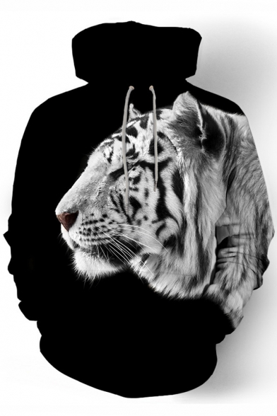 Mens Cool 3D Tiger Pattern Long Sleeve Black Drawstring Hoodi