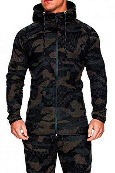 Mens Cool Outdoor Fashion Camo Printed Drawstring Hooded Zip Up Slim Fit Coat