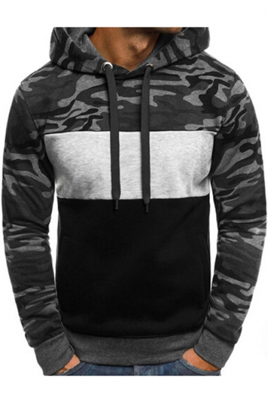 Mens Fashion Camo Colorblock Fitted Long Sleeve Drawstring Hoodie