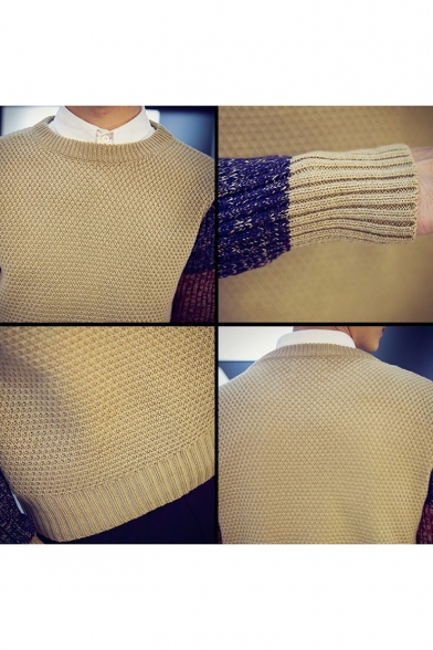 Mens New Stylish Colorblock Round Neck Long Sleeve Marled Knit Jumper