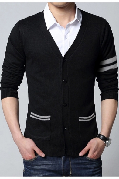 Mens New Trendy Stripe Long Sleeve V-Neck Thin Fitted Button Down Cardigan