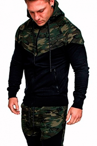 Mens Outdoor Fashion Camo Colorblock Sport Casual Slim Fit Zip Up Drawstring Hoodie