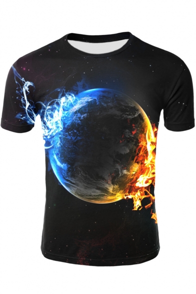 Mens Summer Fashion 3D Galaxy Digital Printed Short Sleeve Black T-Shirt