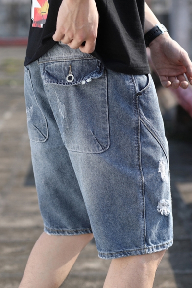 KLJR-Men Summer Casual Jeans Destroyed Knee Length Hole Ripped Shorts