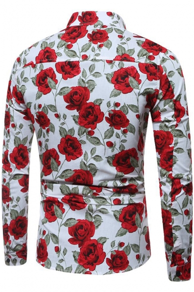 Mens Trendy Allover Rose Printed Spread Collar Long Sleeve Casual Button-Up Shirt