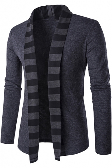 Mens Unique Stripe Shawl Collar Long Sleeve Open Front Cardigan