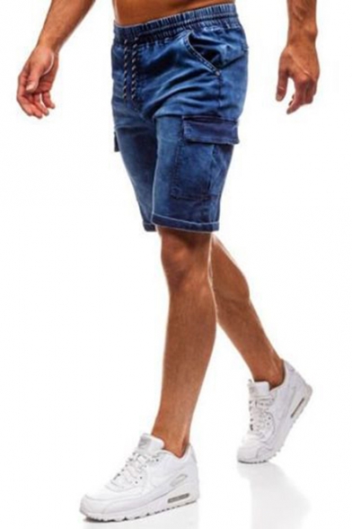 Mens Vintage Blue Drawstring Waist Flap Pocket Side Slim Fit Denim Shorts