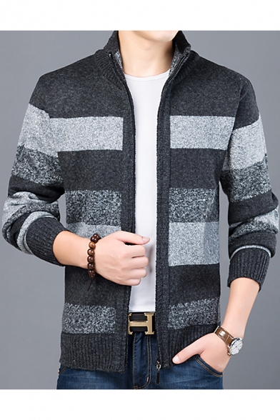 Mens Warm Thick Fashion Color Block Stand Collar Zip Up Fitted Heather Color Cardigan
