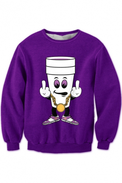 New Fashion Cup Character Printed Long Sleeve Purple Pullover Sweatshirt