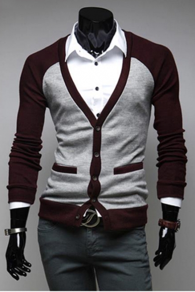 YUELANDE Mens Color Block Button Front Long Sleeve Knitted Cardigan