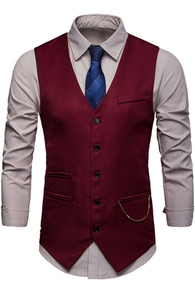 New Stylish Plain Chain Embellished Single Breasted Buckle Back Men's Suit Vest