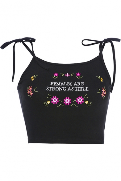 New Trendy Sleeveless Embroidery Floral Letter Pattern Summer Black Cami Top