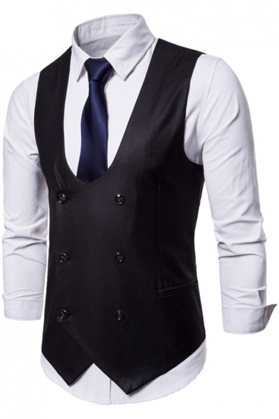 New Trendy Solid Color Double Breasted Collarless Suit Vest for Men