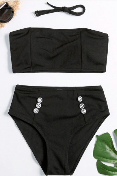 Plain Sleeveless Top with Button Front High Waist Bottom Bikini Swimwear