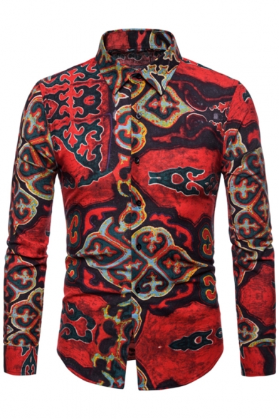 Retro Ethnic Printed Long Sleeve Men's Slim Fit Button-Up Shirt