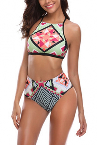 Retro Geometric Printed Sleeveless with High Waist Bottom Bikini