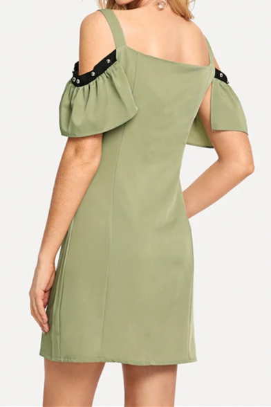 Sexy Green Off The Shoulder Buttons Down Short Sleeve Plain Mini Sheath Dress