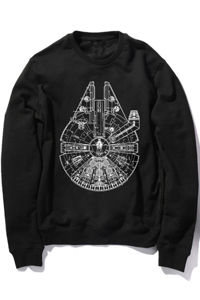Star Wars Cool Falcon Printed Round Neck Long Sleeve Black Pullover Sweatshirt