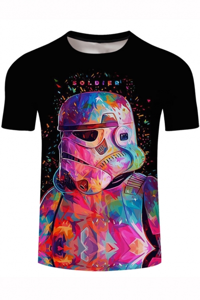 Cool Robot Soldier Painting Short Sleeve Round Neck Black T-Shirt