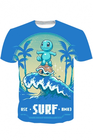 Stylish Game Comic Character Surf Wave Printed Short Sleeve Blue T-Shirt