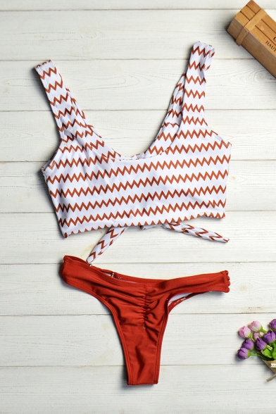 Stylish Wave Striped Print Hollow Out Bow Front Patchwork Bikini Swimwear