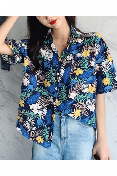 Summer Holiday Tropical Leaf Pattern Short Sleeve Camp Shirt for Women